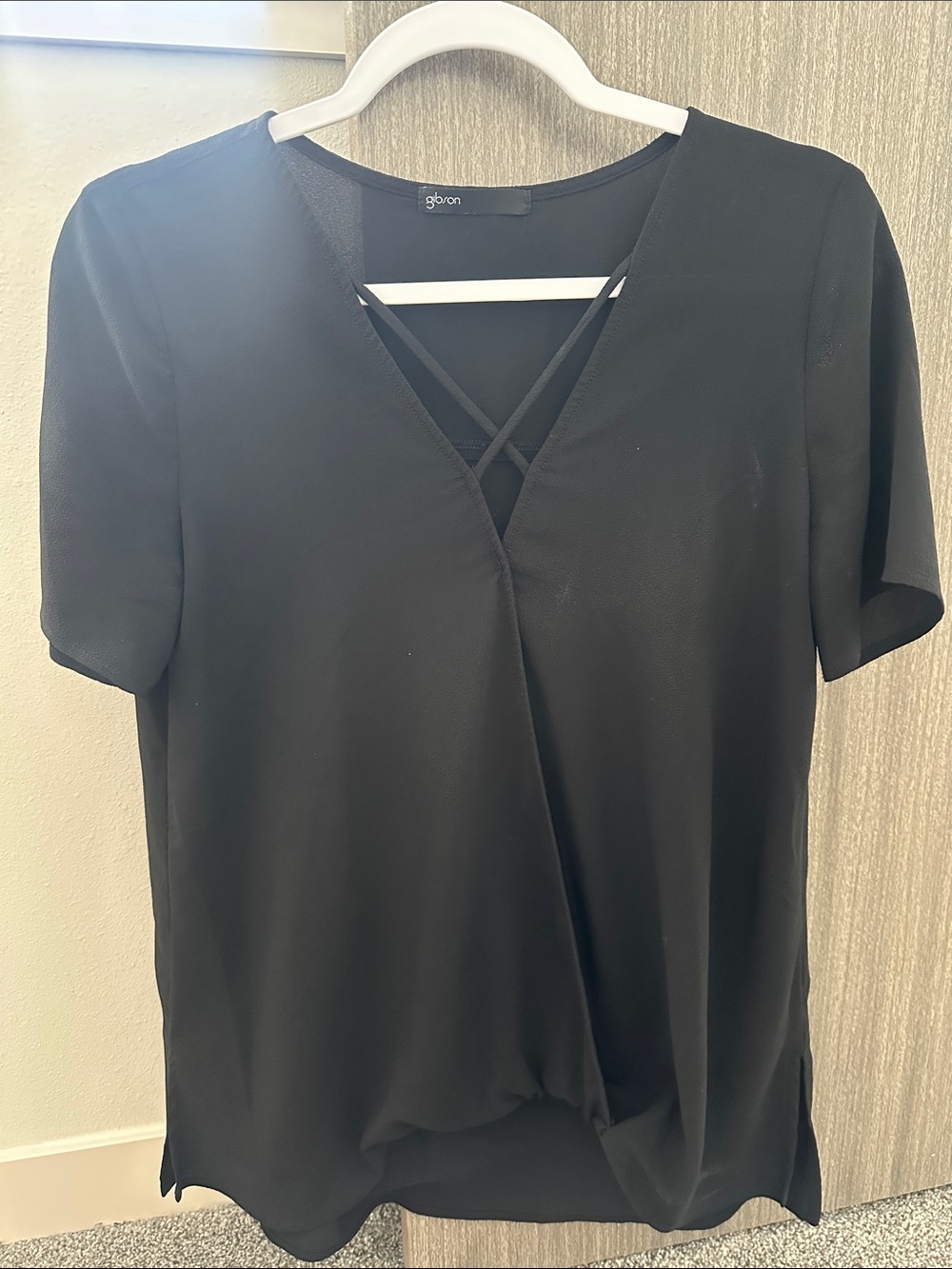 Gibson Black Short-Sleeve V-Neck Crisscross Wrap Blouse - Picture 1 of 5